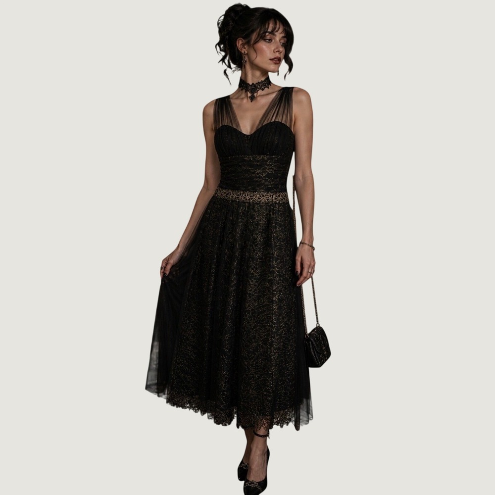 Teri Jon Rickie Freeman Black Gold Sequin Tulle prom evening dress Whimsigoth 4